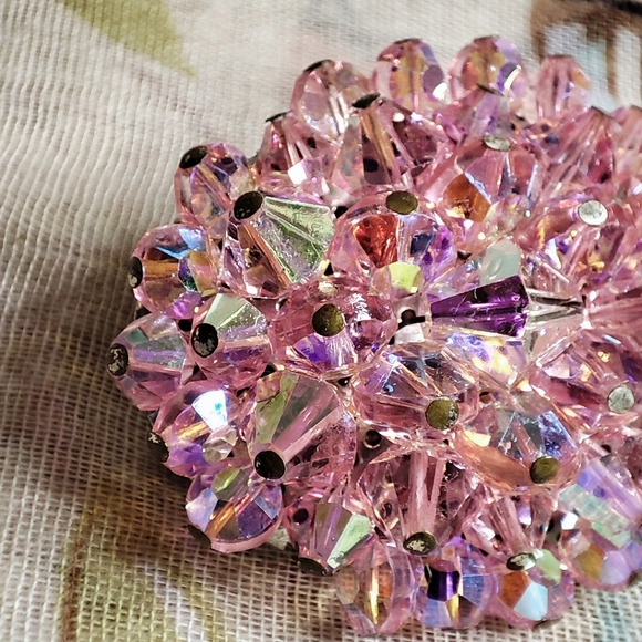 Pink Aurora Borealis Bicone Huge Oval Crystal Silver Tone Vintage Brooch Pin - Picture 5 of 11